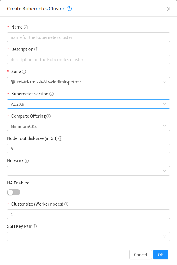 Create Kubernetes Cluster form.