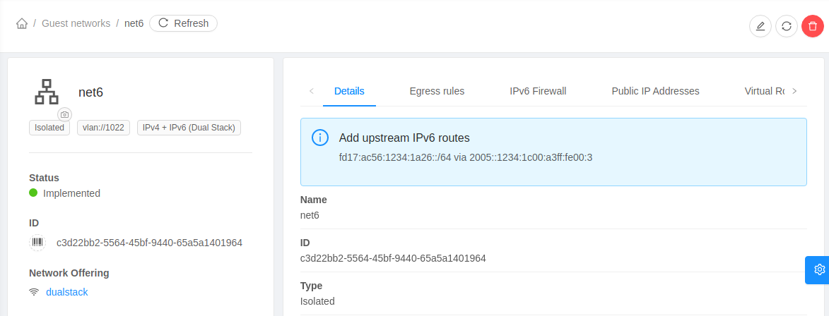 Upstream IPv6 routes in network details.