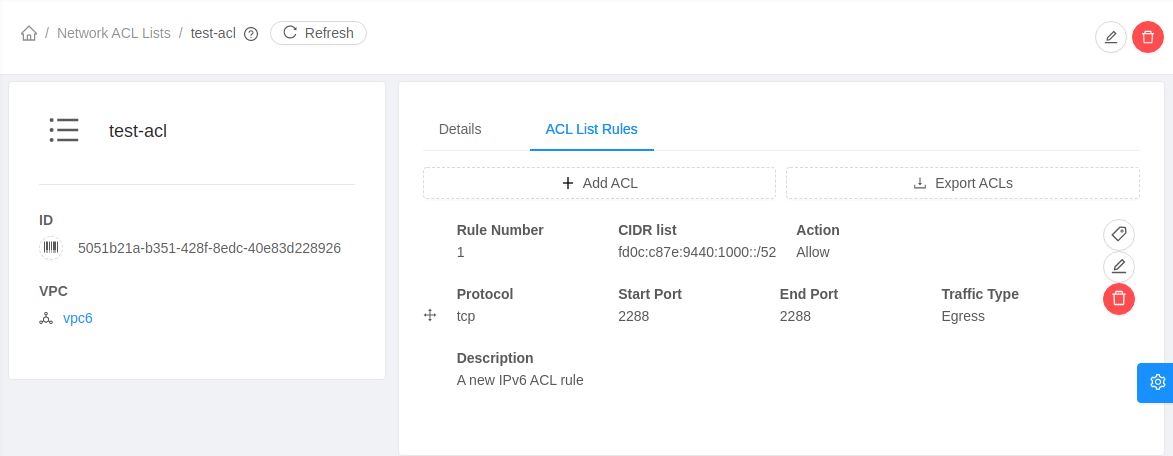 IPv6 ACL rule in Network ACL list.