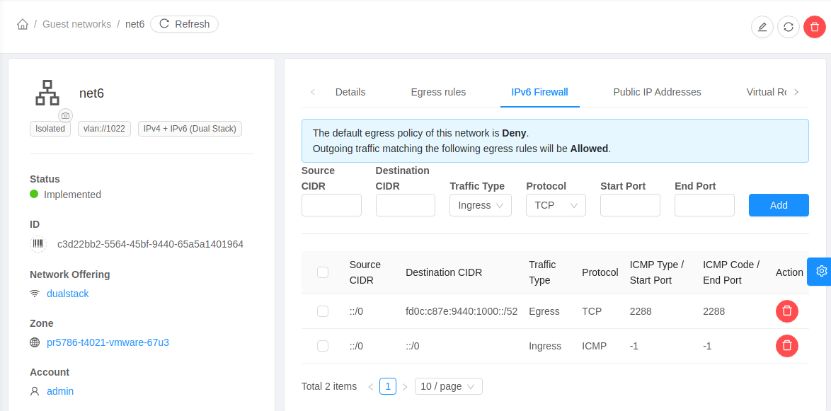 IPv6 Firewall management in network details.