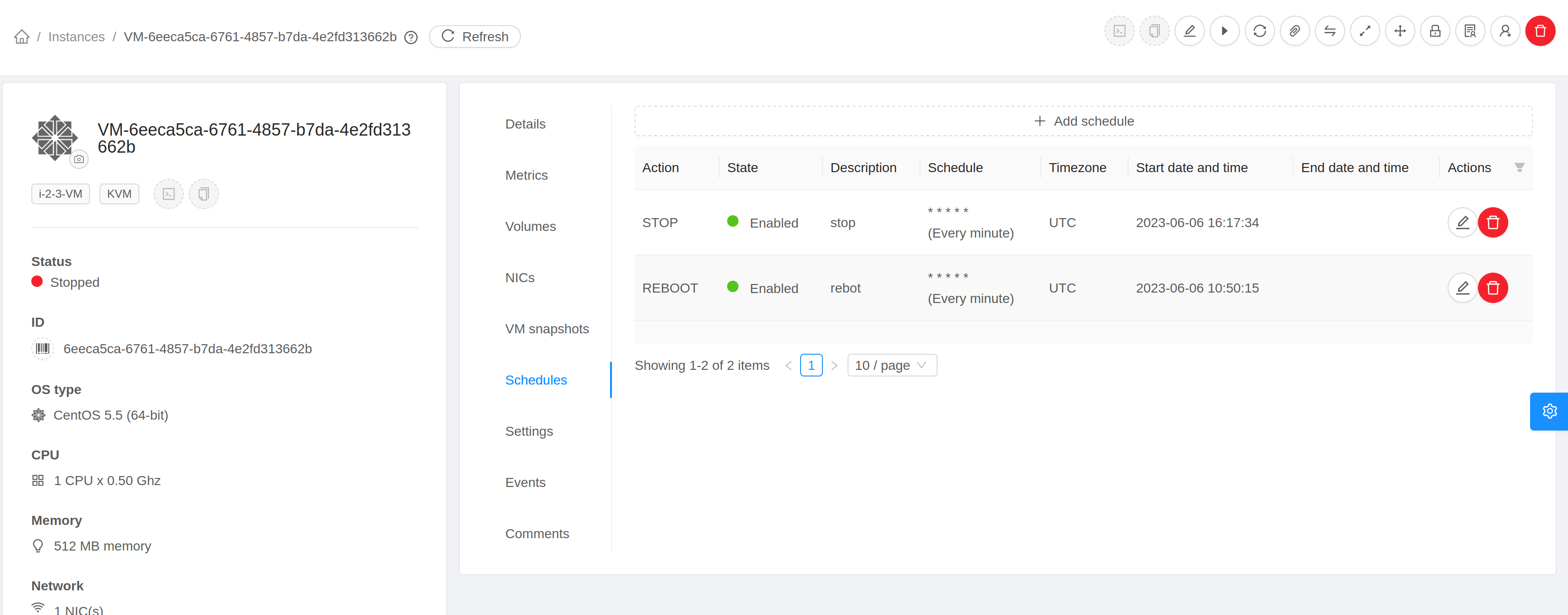 Virtual Machine Schedule Tab