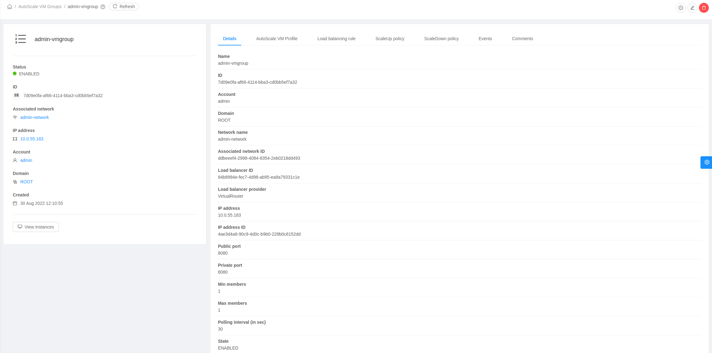 AutoScale VM Group details.