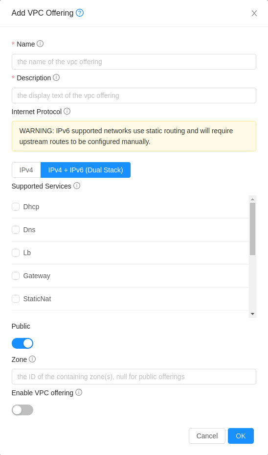 Add IPv6 supported VPC Offering form.