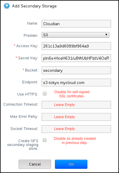 a screenshot of configuring S3 secondary storage