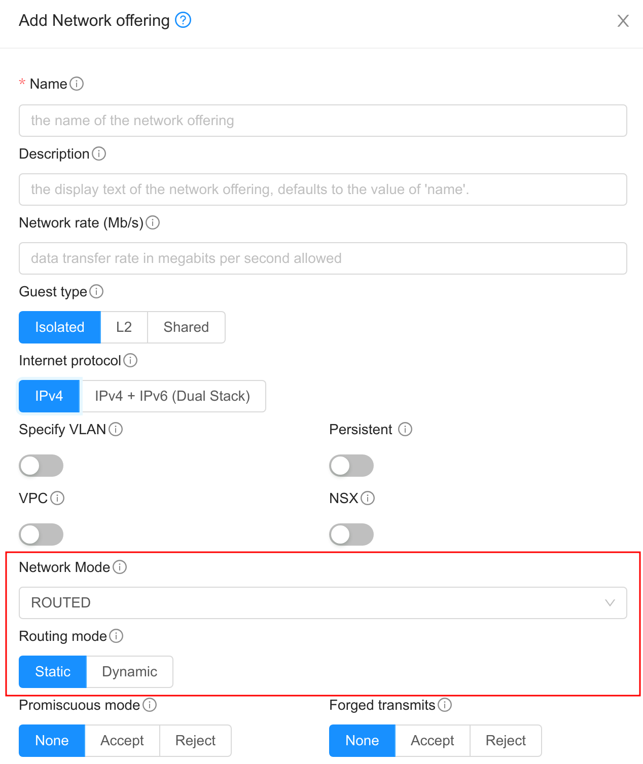 Add network offering with ROUTED mode