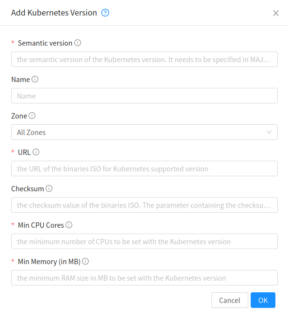 Add Kubernetes Supported Version form.