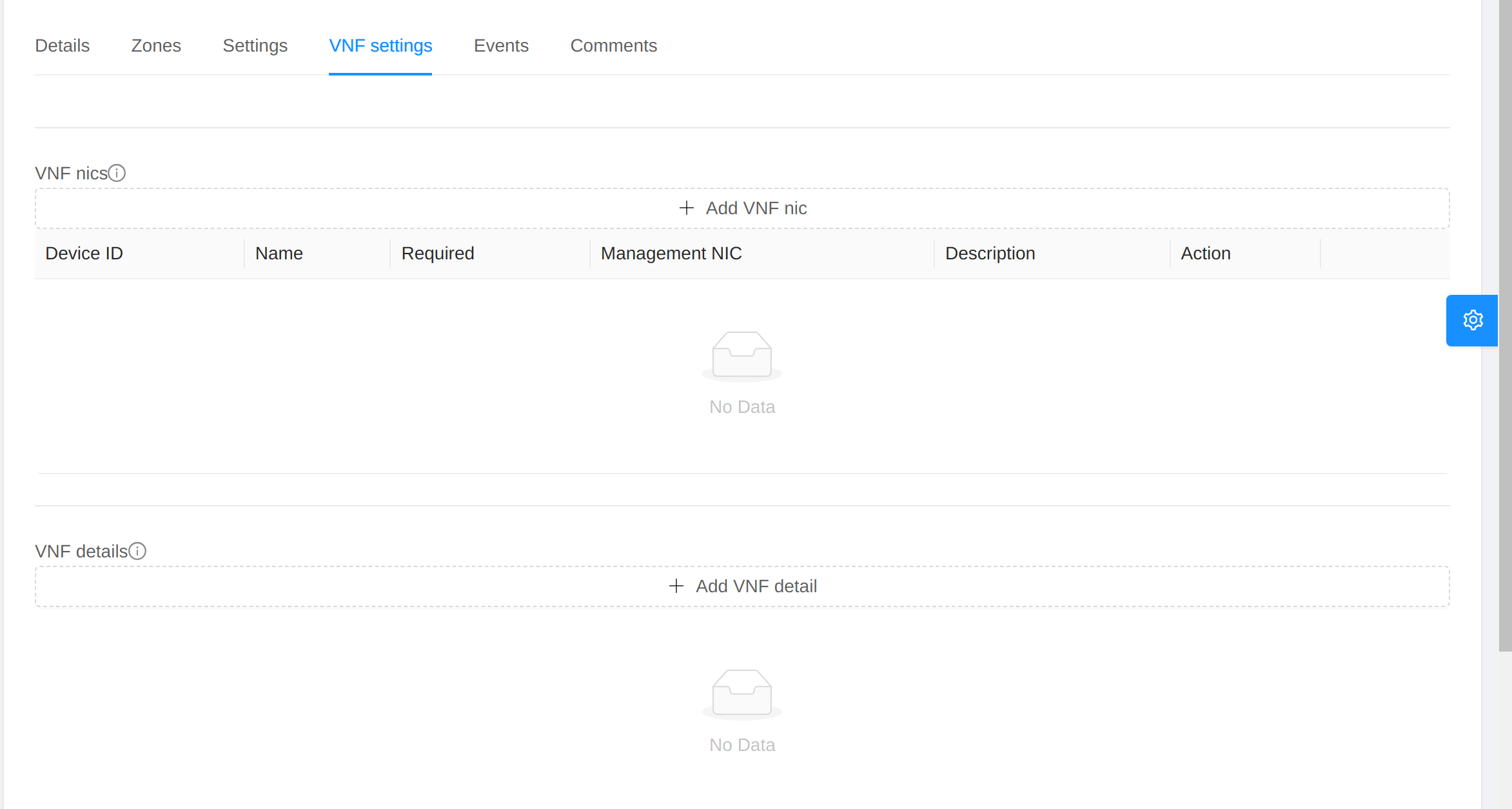 VNF settings of VM template