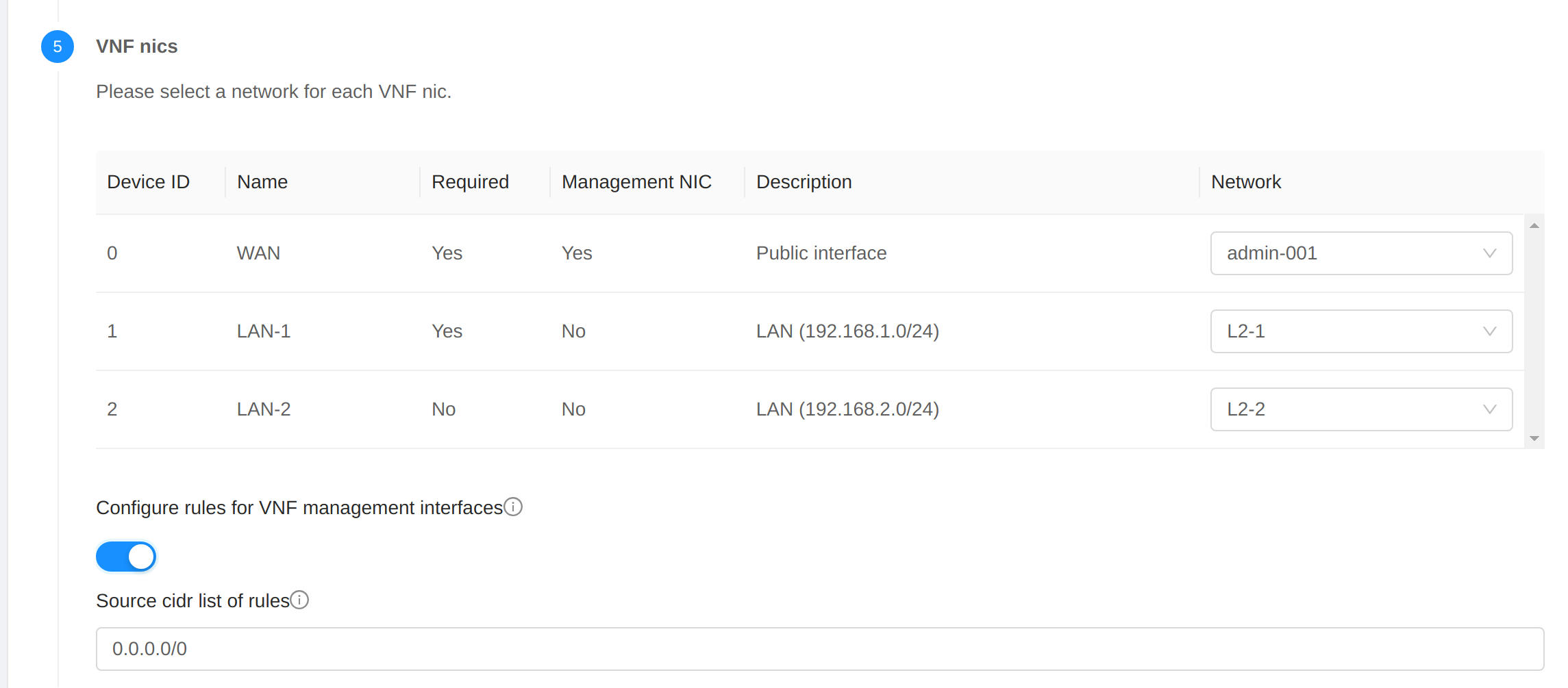 Specify VNF nics of VNF appliance