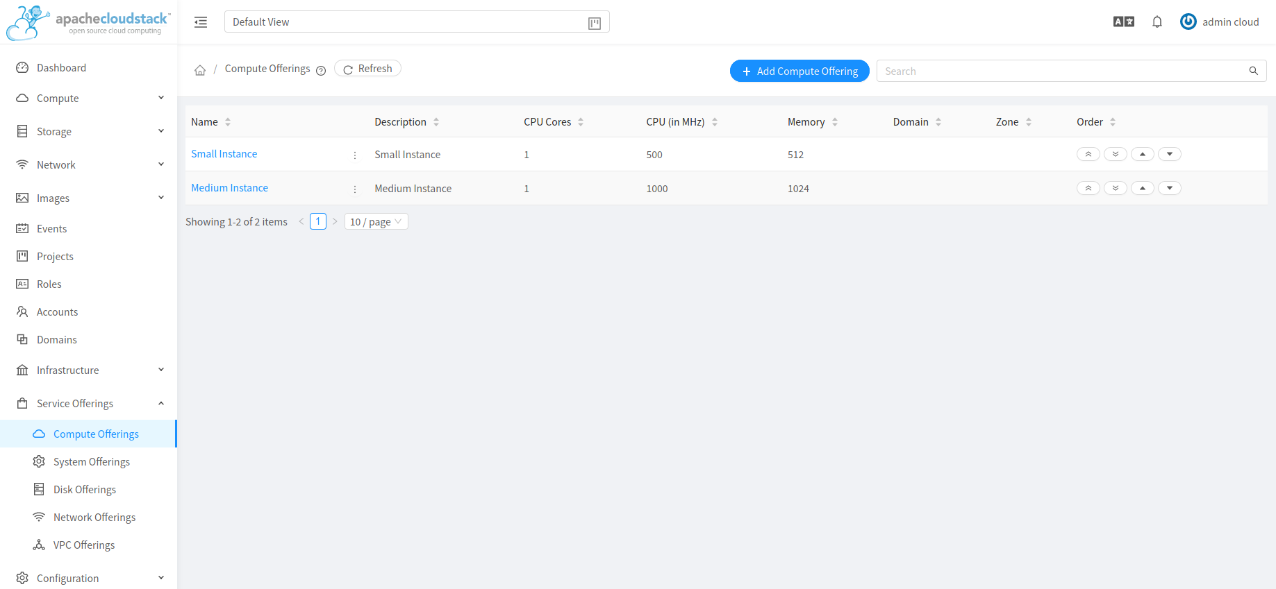 Use the GUI to set the name of a compute service offering to an EC2 instance type API name.