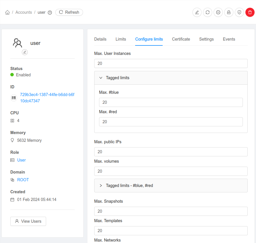 Configure account resource limits in UI.