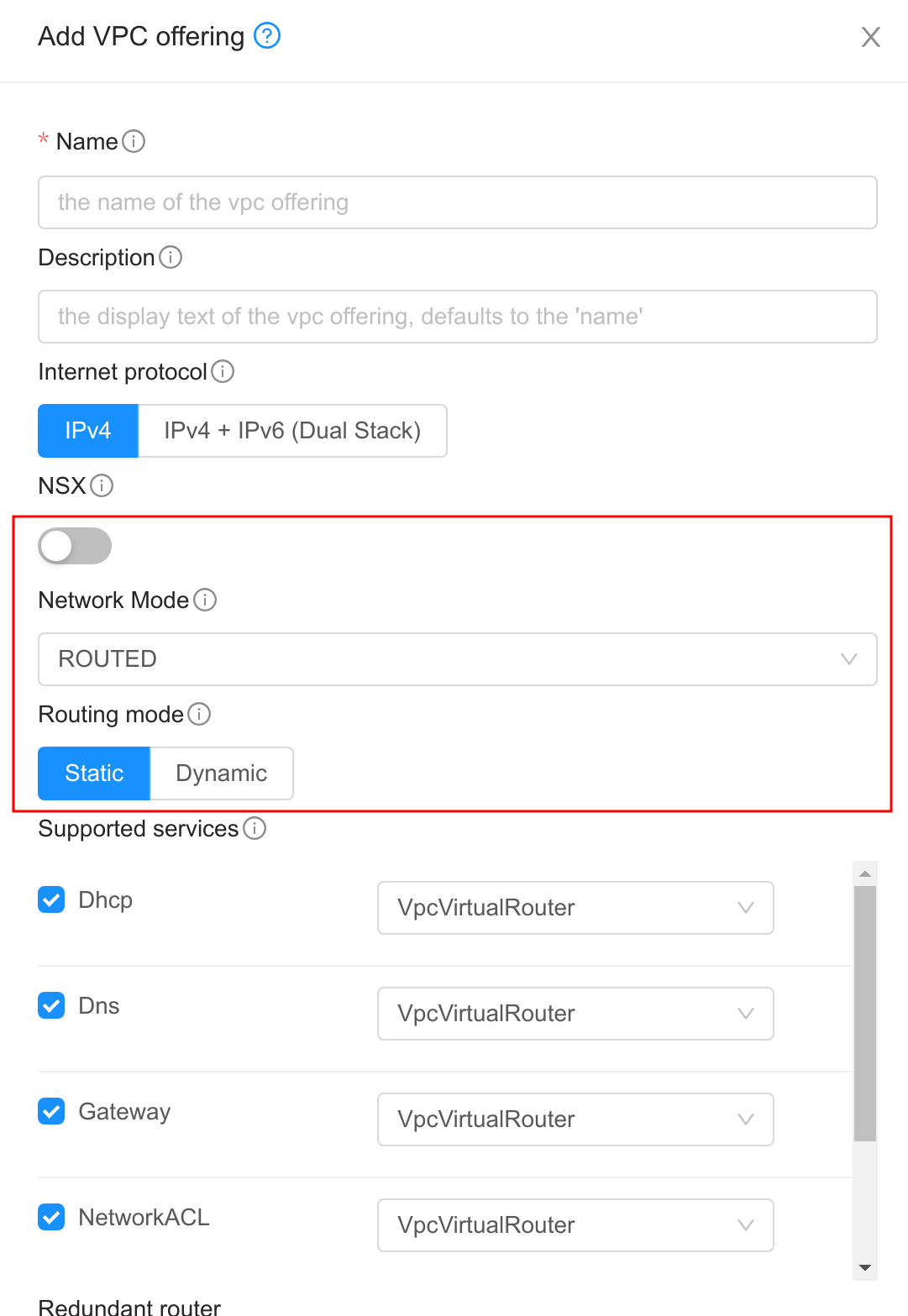 Add vpc offering with ROUTED mode