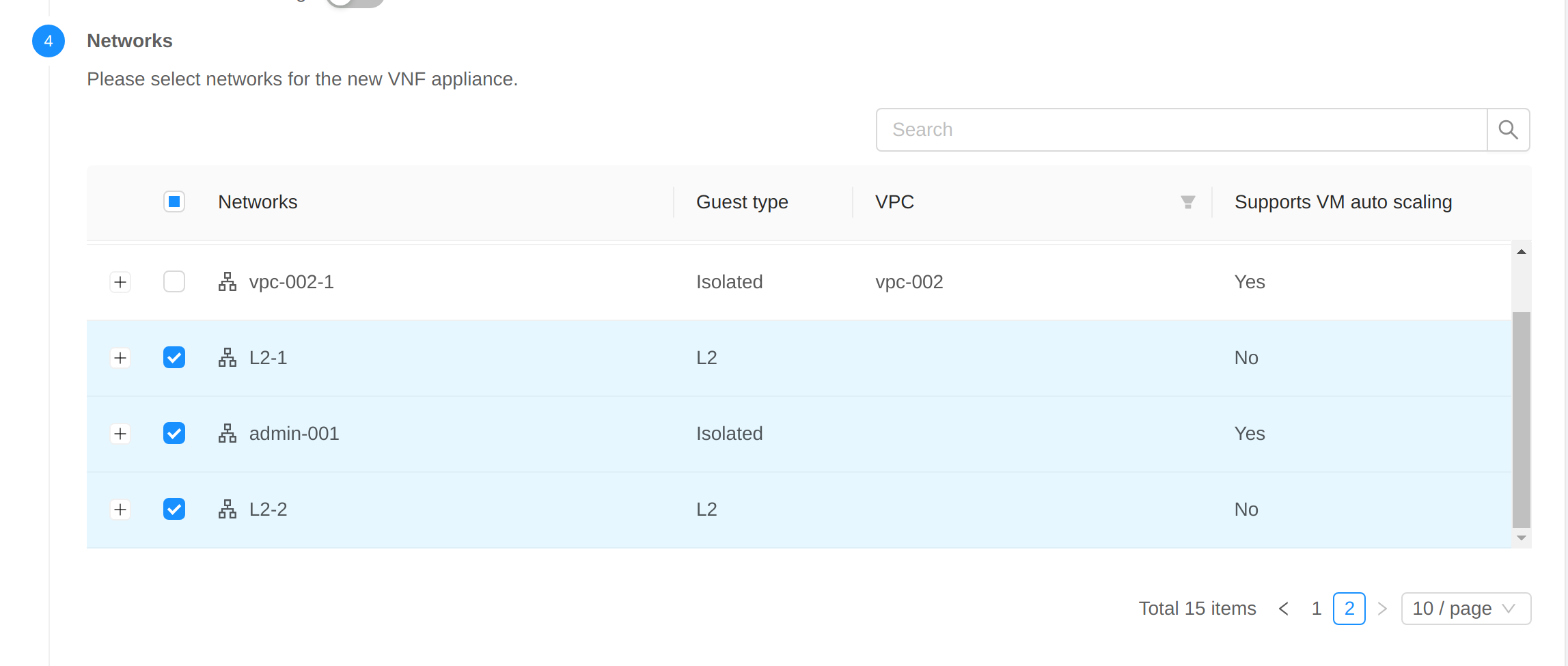 Select networks for VNF appliance