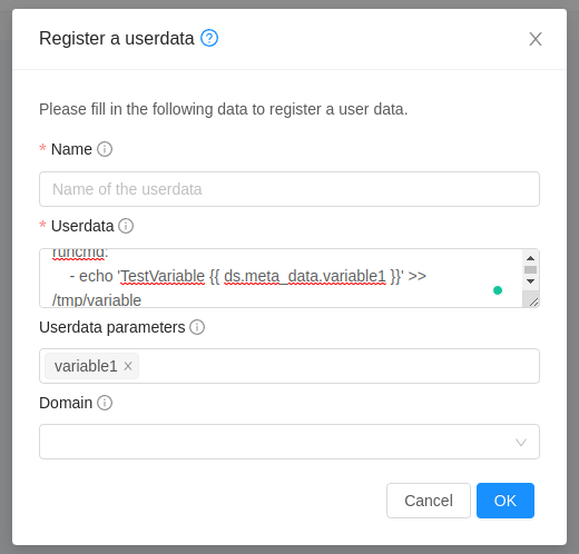 Register userdata with variables dialog box