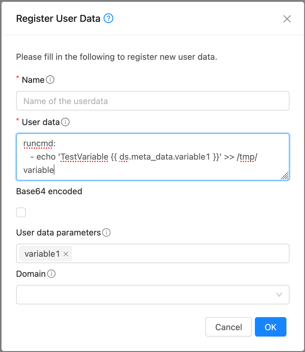 Regiser user data with variables dialog box