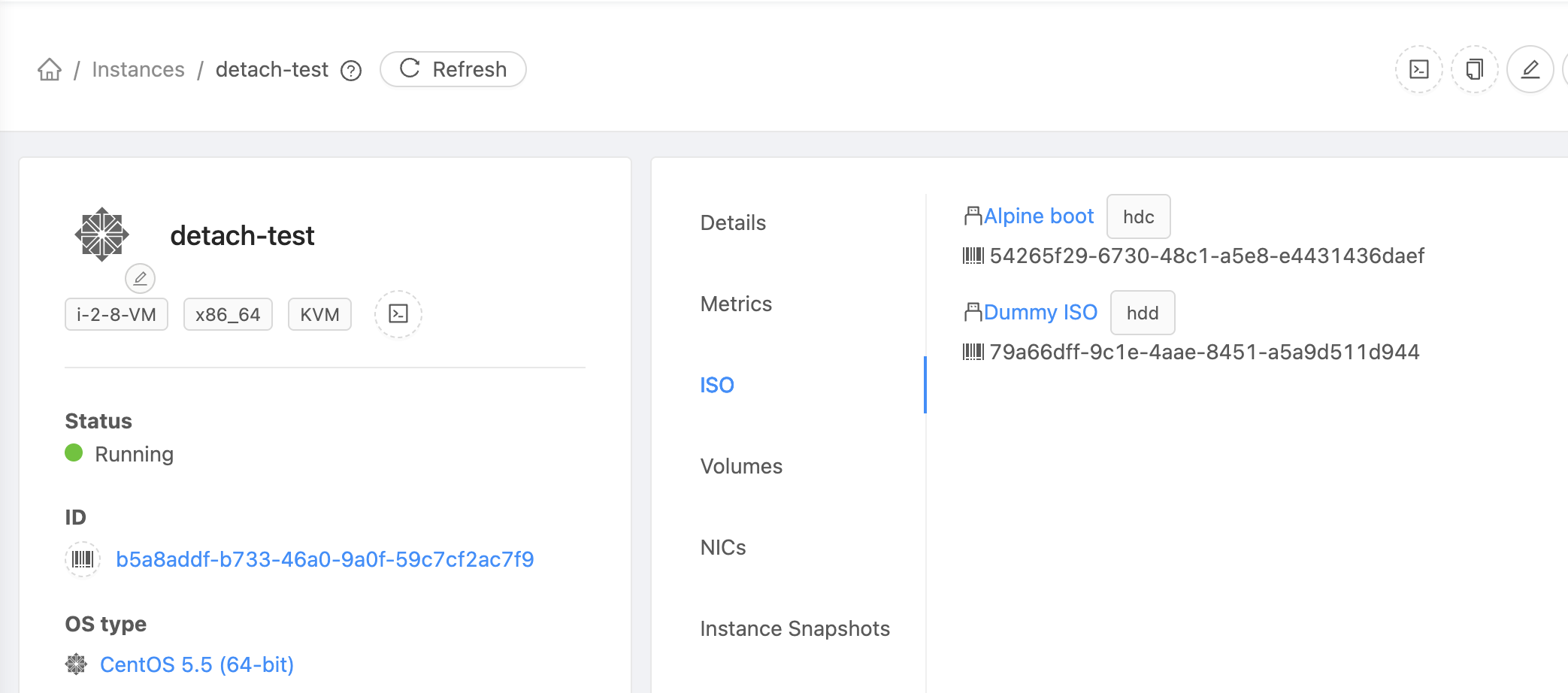 Instance detail ISO tab listing two attached ISOs with their slot labels
