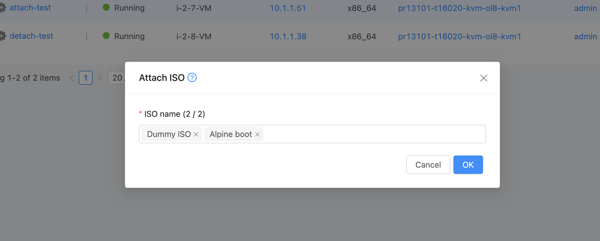 Attach ISO dialog with multi-select dropdown and slot counter