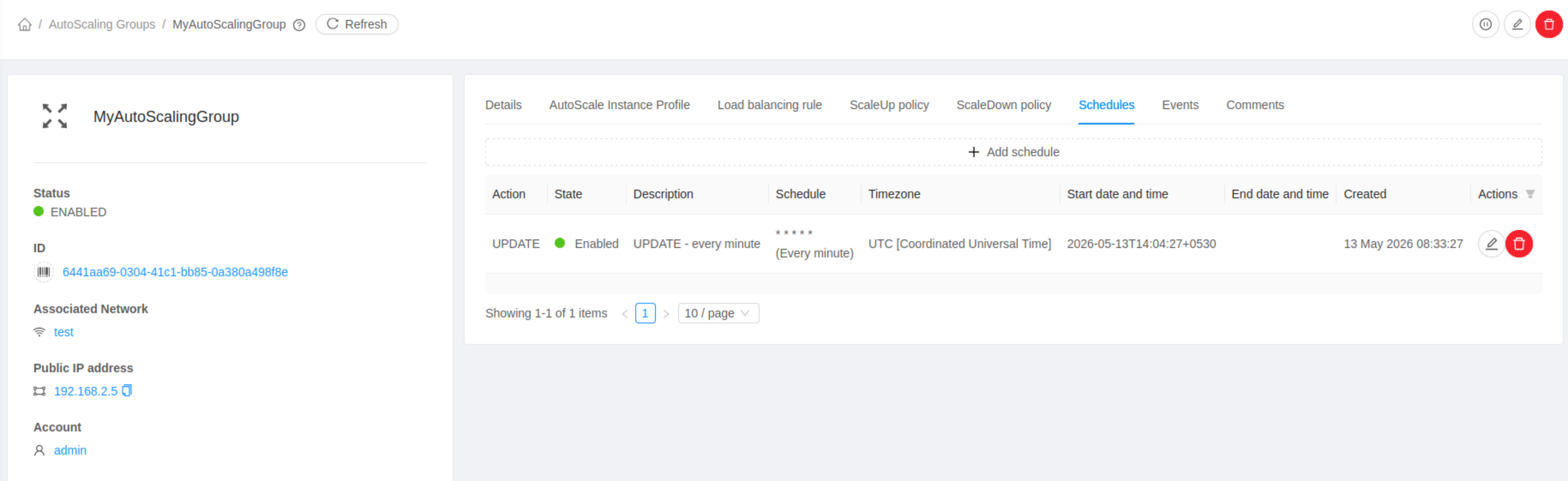 AutoScale Instance Group schedule tab.