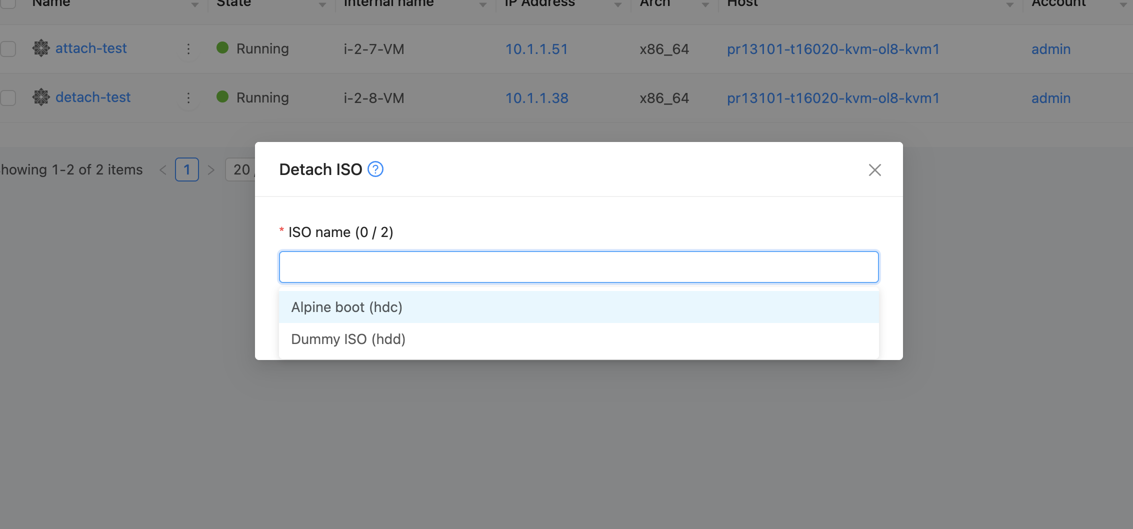 Detach ISO dialog showing two attached ISOs with slot labels