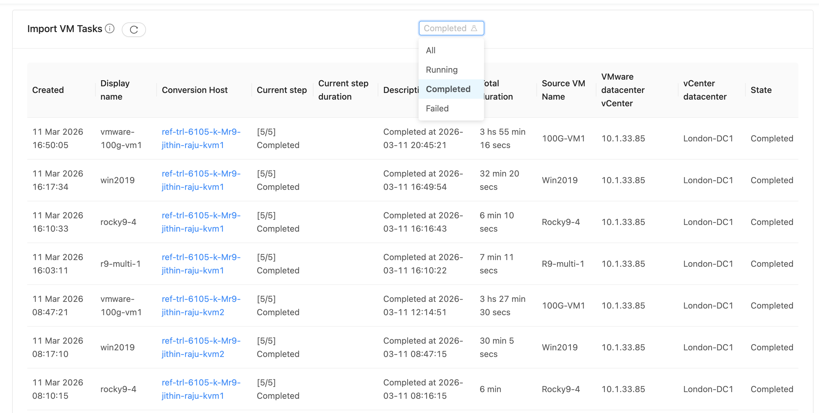 Listing Importing Tasks to Migrate VMware Virtual Machines into KVM.