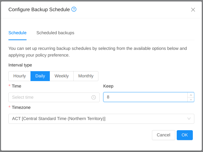 Creating a backup schedule for an Instance.