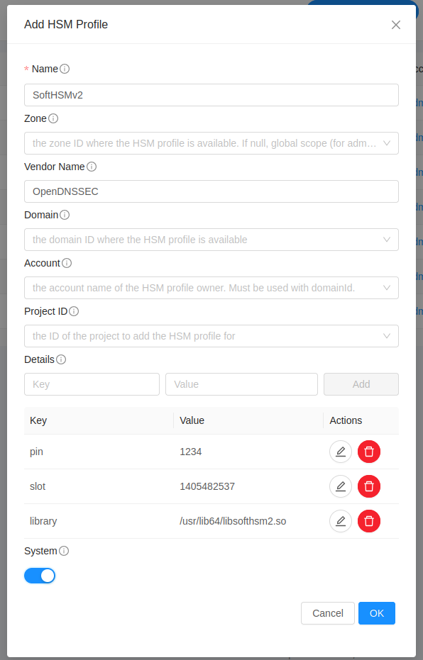 Add HSM Profile dialog
