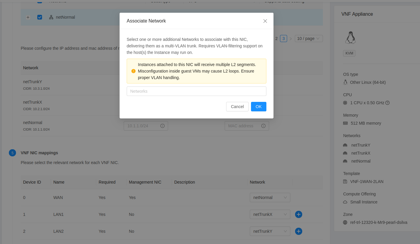 Associate Network dialog at deploy time, selecting additional networks for a NIC