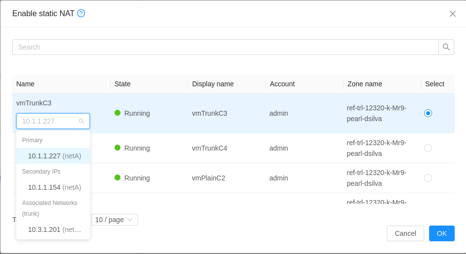 Enable Static NAT picker grouping a NIC's addresses under Primary, Secondary IPs, and Associated Networks