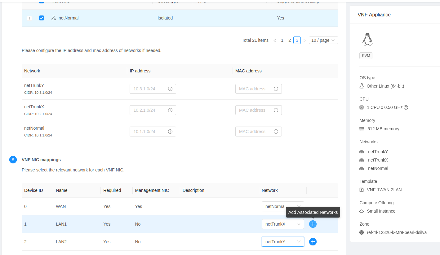 VNF NIC mappings step showing Add Associated Networks on a data-plane NIC